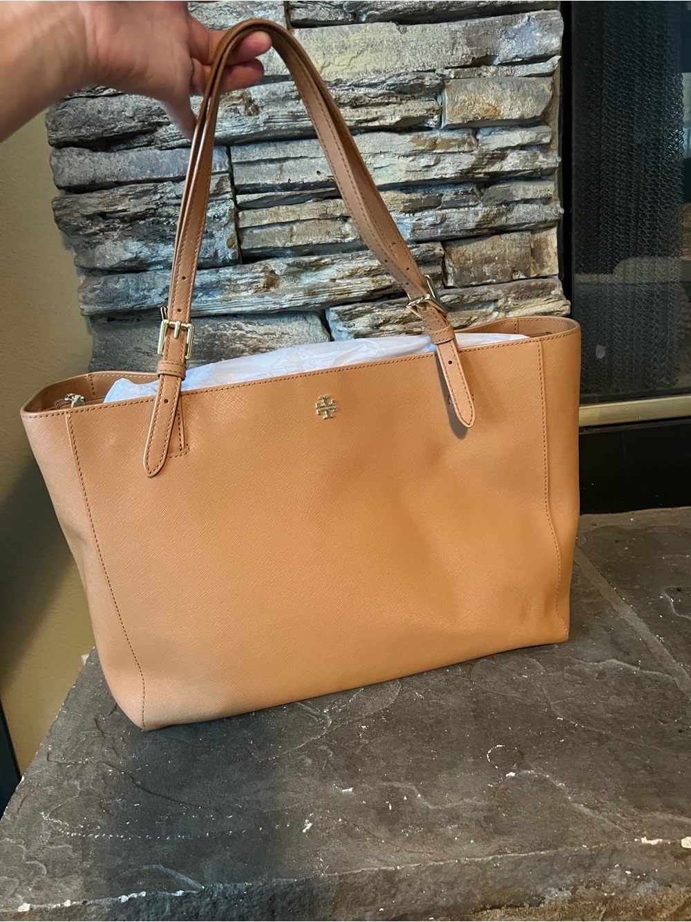 Tory Burch Caramel Leather Tote with Gold Logo